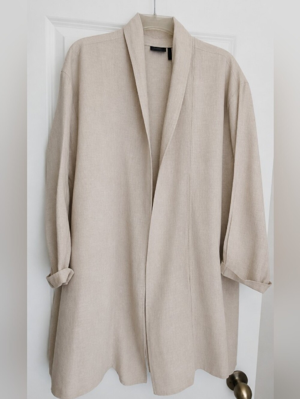 Tahari Linen Open Front Cardigan Duster Jacket Tan Beige Oatmeal Med Lagenlook - Picture 4 of 8